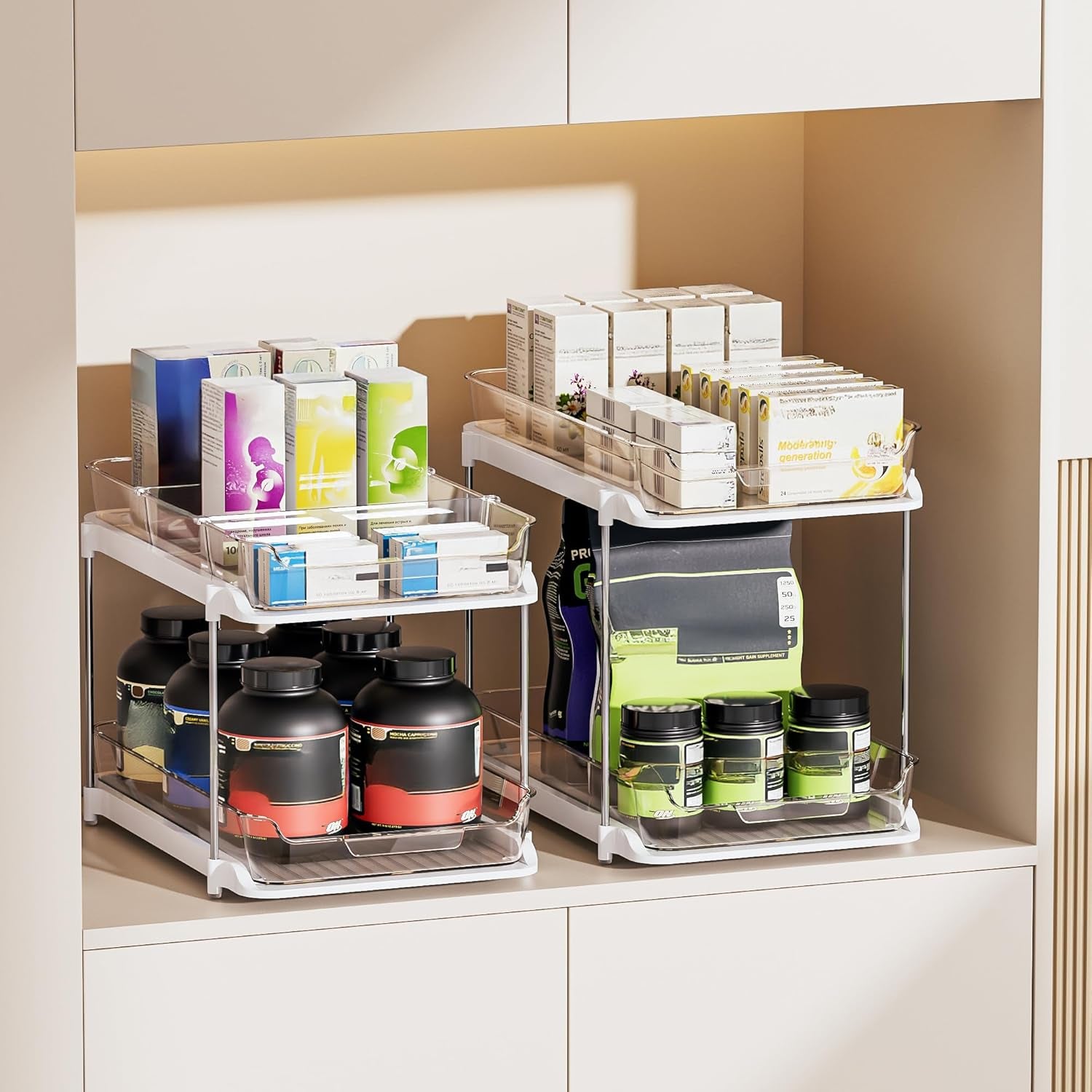 2-Tier Multi-Purpose Bathroom under Sink Organizers and Storage, Stackable Kitchen Pantry Organization, Pull Out Medicine Cabinet Organizer with Movable Dividers, White, 2 Pack