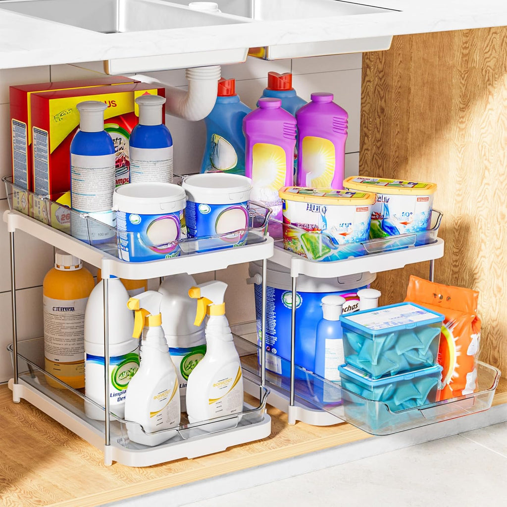 2-Tier Multi-Purpose Bathroom under Sink Organizers and Storage, Stackable Kitchen Pantry Organization, Pull Out Medicine Cabinet Organizer with Movable Dividers, White, 2 Pack