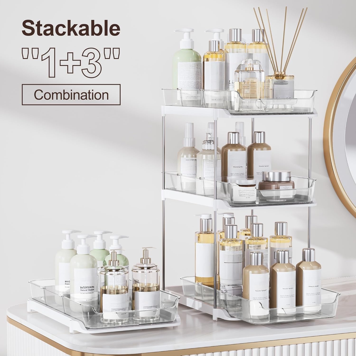2-Tier Multi-Purpose Bathroom under Sink Organizers and Storage, Stackable Kitchen Pantry Organization, Pull Out Medicine Cabinet Organizer with Movable Dividers, White, 2 Pack