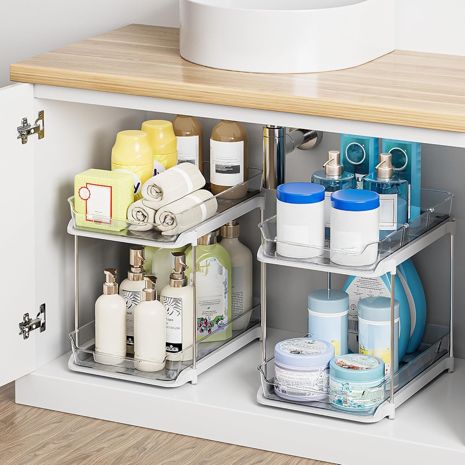 2-Tier Multi-Purpose Bathroom under Sink Organizers and Storage, Stackable Kitchen Pantry Organization, Pull Out Medicine Cabinet Organizer with Movable Dividers, White, 2 Pack