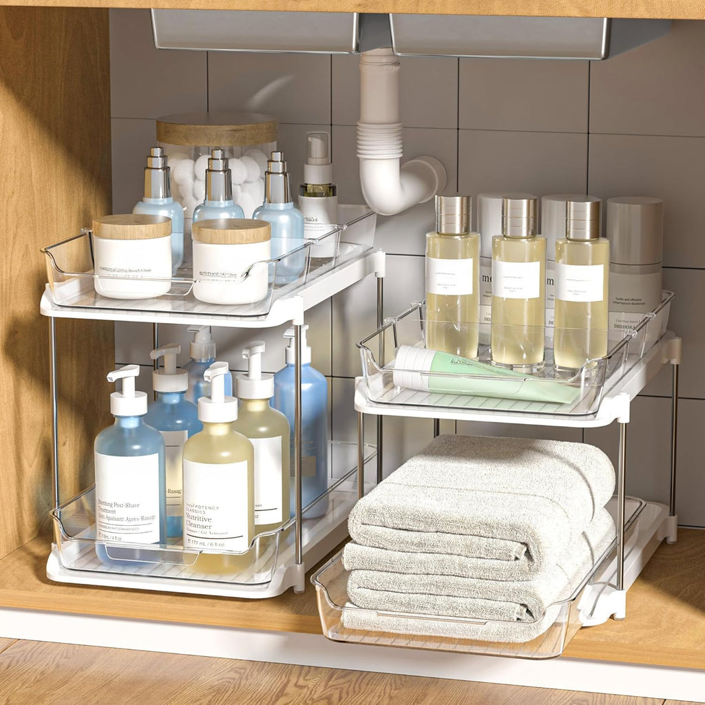 2-Tier Multi-Purpose Bathroom under Sink Organizers and Storage, Stackable Kitchen Pantry Organization, Pull Out Medicine Cabinet Organizer with Movable Dividers, White, 2 Pack