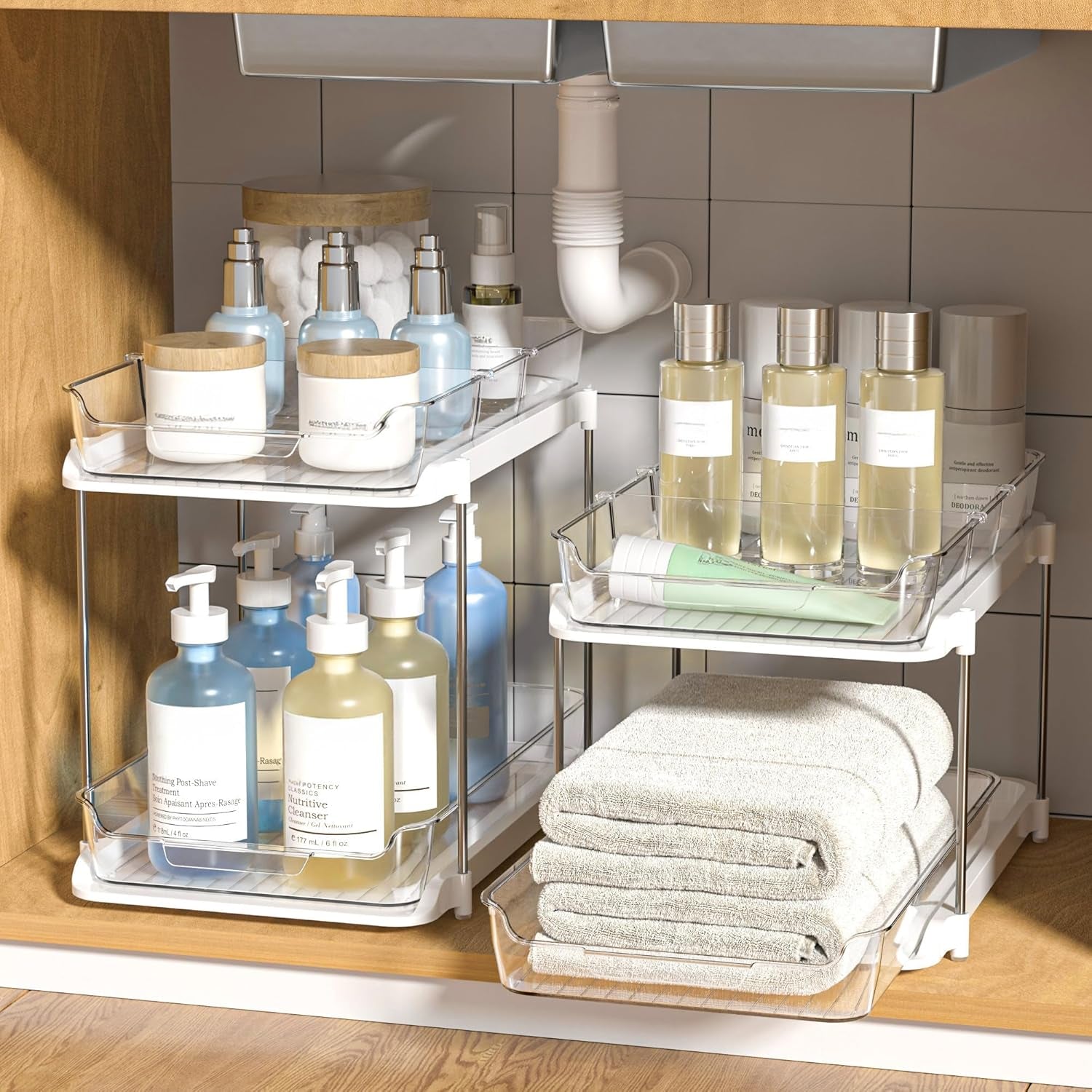 2-Tier Multi-Purpose Bathroom under Sink Organizers and Storage, Stackable Kitchen Pantry Organization, Pull Out Medicine Cabinet Organizer with Movable Dividers, White, 2 Pack